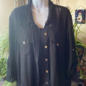 Beautiful Linea by Louis Dell’Olio Crepe 2-Piece Black Button-Up Top & Tank, XL